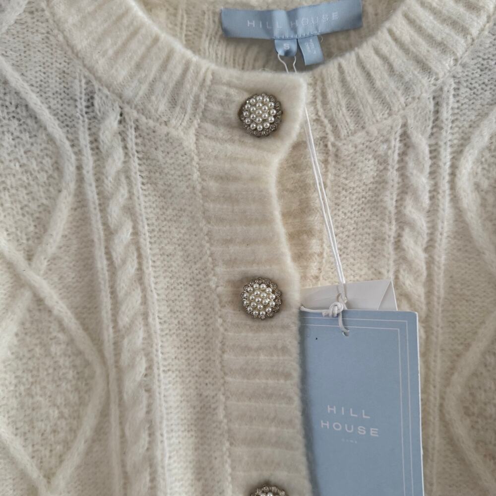 New Hill House Ollie Crop Sweater White Ribbed Hem Button Puff Sleeve Sz S - Picture 2 of 5